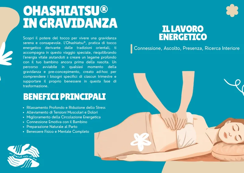 Copertina del volantino «Ohashiatsu® in gravidanza»: titolo bianco su fondo azzurro e illustrazione di una donna incinta distesa, con due mani appoggiate sulla pancia.